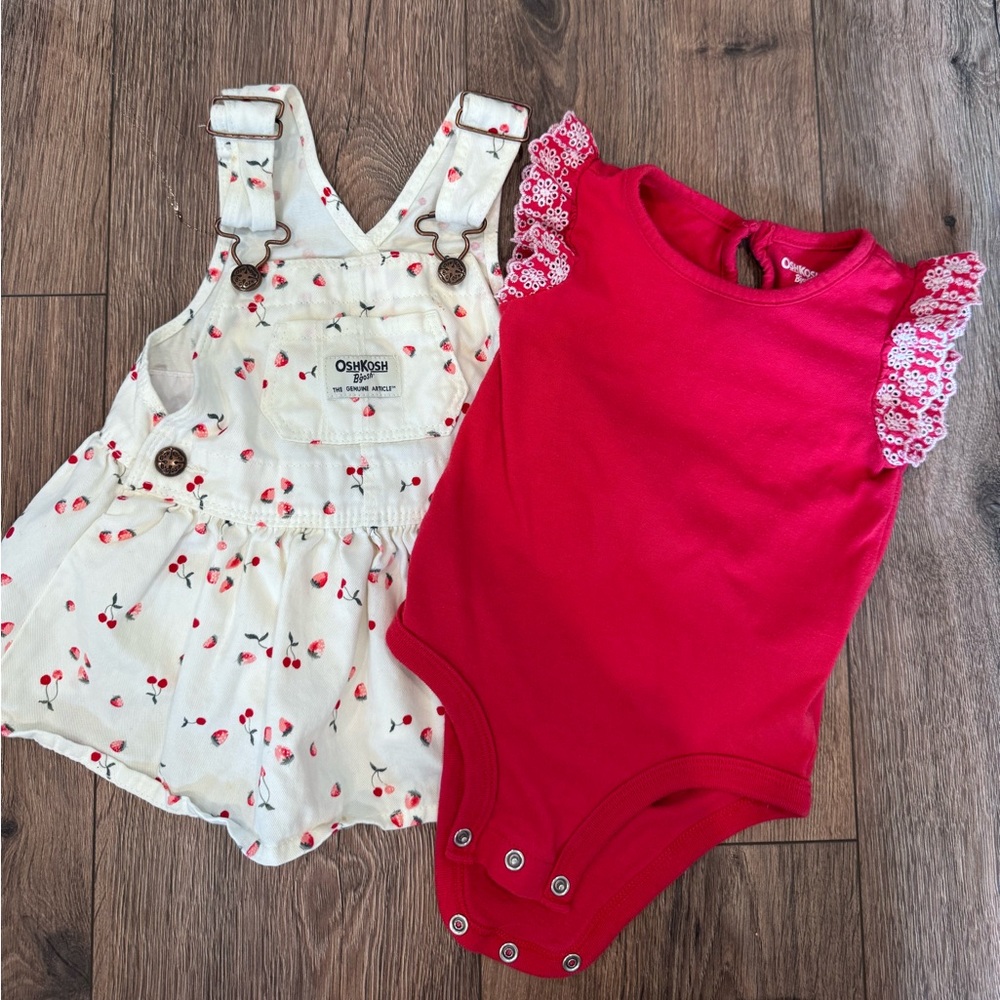 OshKosh B'gosh Baby White and Red Overall Dress and Bodysuit Set
